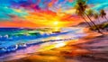 Oil painting sunset or sunrise sky over the ocean tropical beach. Tranquil seascape. Horizon over the water Royalty Free Stock Photo