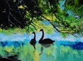 Oil painting of Swans on the lake