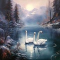 Oil painting of Swans on the lake