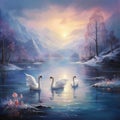 Oil painting of Swans on the lake