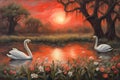 Oil painting of swans in a pond surrounded by trees and flowers