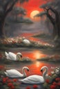 oil painting of swans in a pond surrounded by trees and flowers and trees