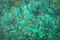 Abstract malachite green peony flowers with golden streaks and rust