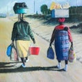 Oil Painting of traditional South African women returning home after shopping in town Royalty Free Stock Photo