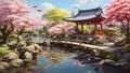 Oil painting: A tranquil Japanese garden in springtime, featuring a koi pond with brightly colored fish, a stone footbridge draped Royalty Free Stock Photo