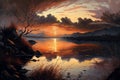 Oil Painting: Tranquil Sunset Reflections on a Lake. AI