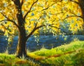 Oil painting tree by river in sun sunlight