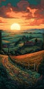 Oil Painting Of Tuscany\'s Sunset Over Rolling Hills