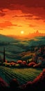 Oil Painting Of Tuscany Sunset Over Rolling Hills