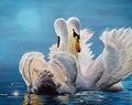 Oil painting of two graceful white swans