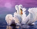 Oil painting of two graceful white swans