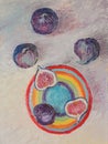 Oil painting unusual still life with figs and a rainbow plate close-up, top view, expressive texture, bright strokes, relief strok