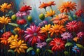 Oil painting of vibrant flowers in pouring rain pattern colorful