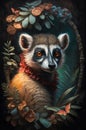Oil painting in the vintage style of a Portrait of a lemur among roses and palm leaves Royalty Free Stock Photo