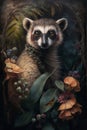 Oil painting in the vintage style of a Portrait of a lemur among roses and palm leaves Royalty Free Stock Photo