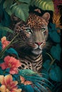 Oil painting in the vintage style of a Portrait of a leopard among roses and palm leaves