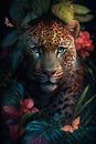Oil painting in the vintage style of a Portrait of a leopard among roses and palm leaves Royalty Free Stock Photo