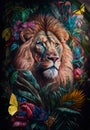 Oil painting in the vintage style of a Portrait of a male lion among roses and palm leaves Royalty Free Stock Photo