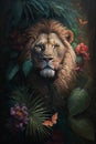 Oil painting in the vintage style of a Portrait of a male lion among roses and palm leaves Royalty Free Stock Photo