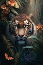 Oil painting in the vintage style of a Portrait of a tiger among roses and palm leaves Royalty Free Stock Photo