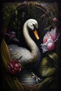 Oil painting in the vintage style of a Portrait of a white goose among roses and palm leaves Royalty Free Stock Photo