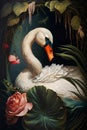 Oil painting in the vintage style of a Portrait of a white goose among roses and palm leaves Royalty Free Stock Photo