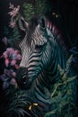 Oil painting in the vintage style of a Portrait of a zebra among roses, palm leaves and plants Royalty Free Stock Photo