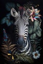 Oil painting in the vintage style of a Portrait of a zebra among roses, palm leaves and plants Royalty Free Stock Photo