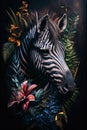 Oil painting in the vintage style of a Portrait of a zebra among roses, palm leaves and plants Royalty Free Stock Photo