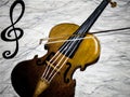 Oil painting of a violin playing with treble clef on white and black background, musical instrument