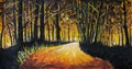 Oil painting with watercolor acrylic. Orange warm sunrise in black forest. Black trees lit by hot sunlight