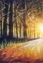 Oil painting with watercolor acrylic. Orange warm sunrise in black forest. Black trees lit by hot sunlight Royalty Free Stock Photo