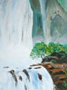 Oil painting waterfall in the mountains and trees on the shore