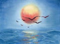 Oil painting of a waves on the ocean, seagulls and big red sun Royalty Free Stock Photo