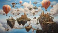 Oil painting: A whimsical, surreal dreamscape, featuring floating islands in the sky, connected by delicate rope bridges, a hot