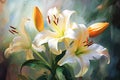 Oil painting of white lily flowers on canvas illustration. Beautiful botanic lily flower oil paint illustration, AI Generated