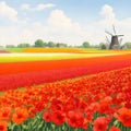 Abstract Oil painting landscape background. Nature wallpaper of green field, yellow tulips flowers, blue sky and moon. panoramic Royalty Free Stock Photo