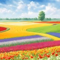 Abstract Oil painting landscape background. Nature wallpaper of green field, yellow tulips flowers, blue sky and moon. panoramic Royalty Free Stock Photo