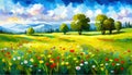 Oil painting wild flowers, cornflower, chamomile fields. Royalty Free Stock Photo