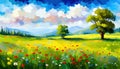 Oil painting wild flowers, cornflower, chamomile fields. Royalty Free Stock Photo