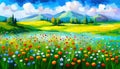 Oil painting wild flowers, cornflower, chamomile fields. Royalty Free Stock Photo