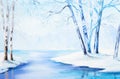 Oil painting - winter landscape, colorful watercolor