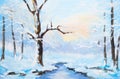 Oil painting winter landscape, frozen river in the forest. Royalty Free Stock Photo