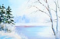 Oil painting winter landscape, frozen river in the forest