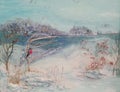 Oil painting, winter trees, river and birds