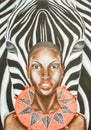 Oil painting of a woman and zebra