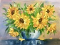 Oil painting yellow flowers. sunflowers in a vase. Yellow oil paints. Royalty Free Stock Photo