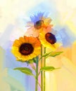 Oil painting yellow sunflowers with green leaves