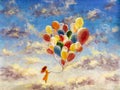 Oil painting young woman girl with multicolored balloons stands on cloud in sky.