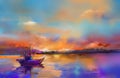 Oil paintings seascape with boat, sail on sea. Royalty Free Stock Photo